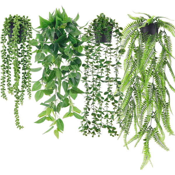 Artificial Ivy Vine Faux Eucalyptus Hanging Plants, Boston Fern, String of Pearls for Home Room Wall Shelf Indoor Outdoor Decor