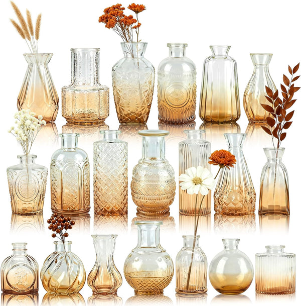 Der Rose Amber Glass Bud Vases Set of 20, Small Bud Vases for Flowers, Rustic Wedding Centerpieces and Home Decor